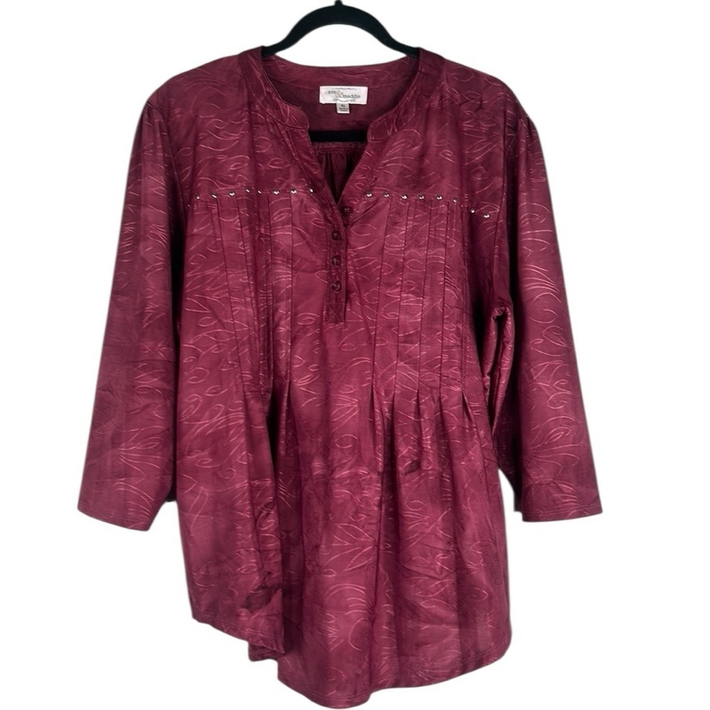 Eve‎ & Maddie Burgundy Boho Flowy Silver Stud 3/4 Sleeve Flowy Top Size XL